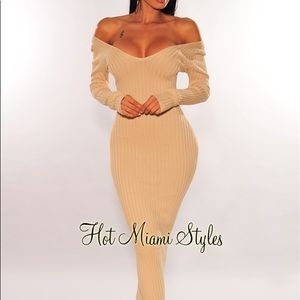 Hot Miami Styles Nude Ribbed Long Sleeves Dress